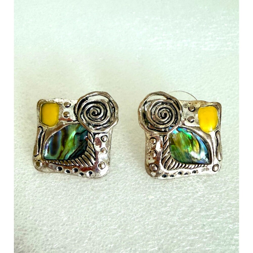 Vintage Artisan Abalone Shell Yellow Enamel Spiral Square Stud Earrings Silver T